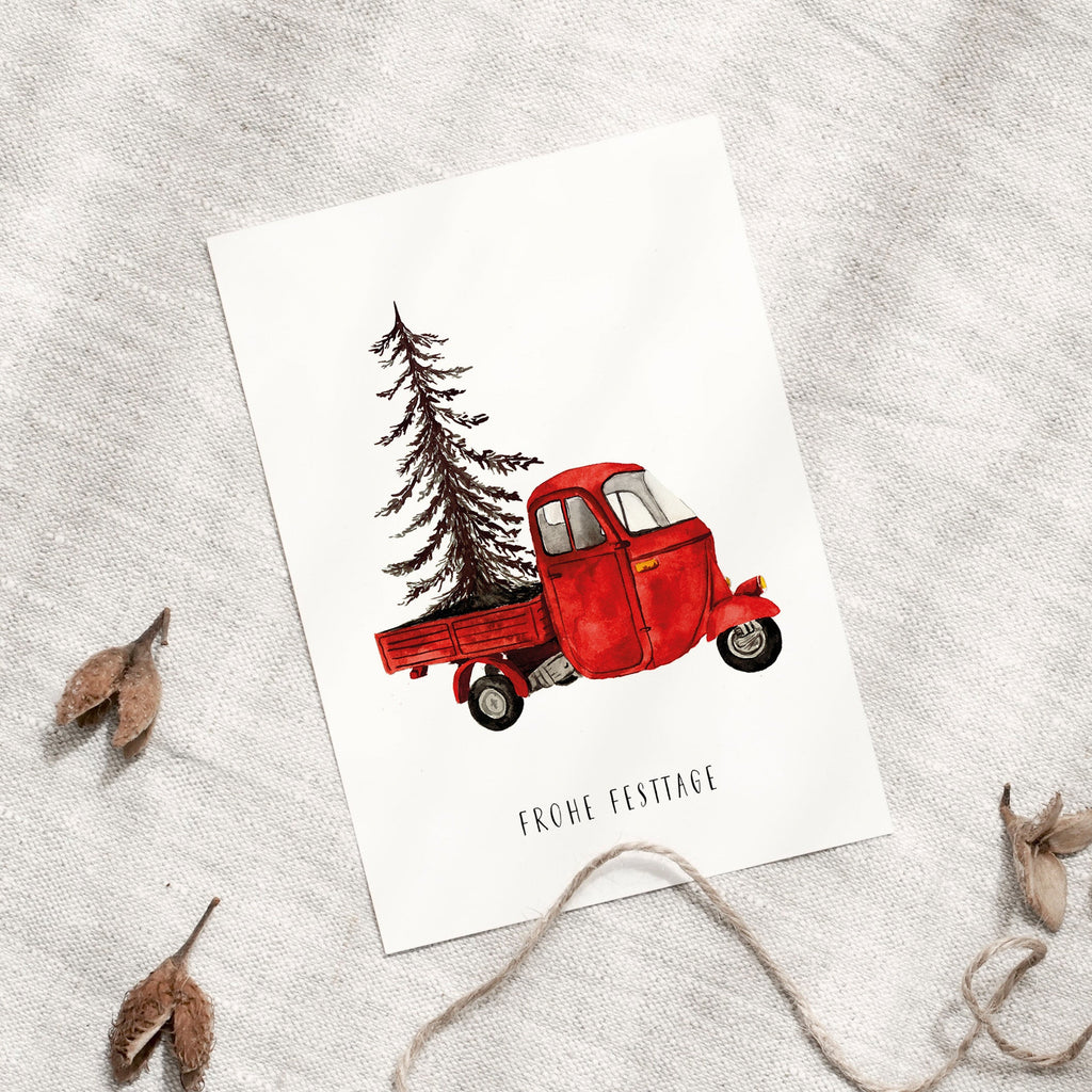 POSTKARTE - RED CHRISTMAS VEHICLE