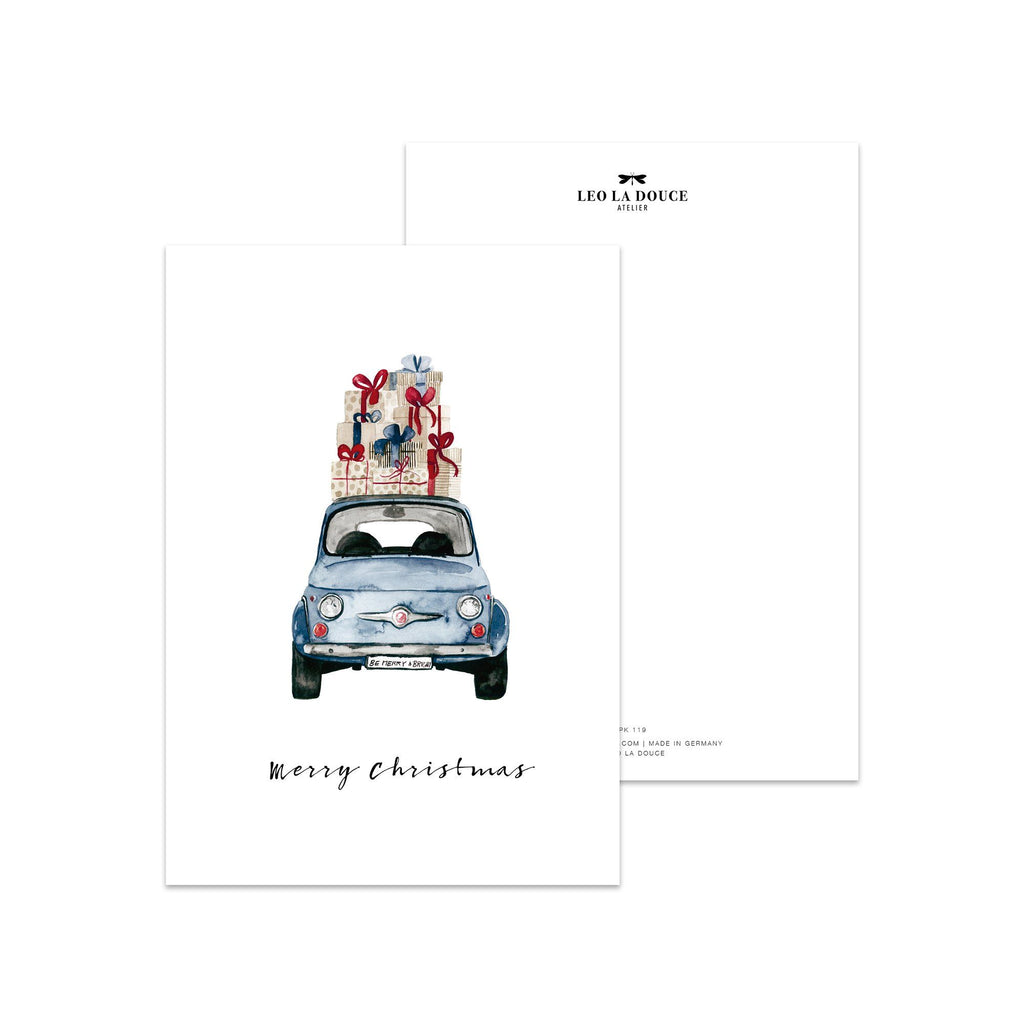 POSTKARTE - BLUE CHRISTMAS CAR
